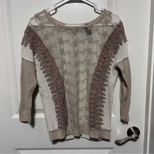 BKE Boutique White Beige Cream Neutrals Lace & Knit Long Sleeve Sweater